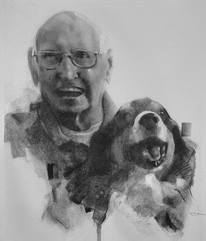 Commissioned charcoal portrait of a man and his dog in black and white by artist James Thomas