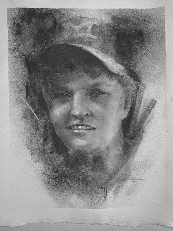 This charcoal portrait, by James Thomas, was commissioned by the featured woman's father to hang in his house now that she had moved away.