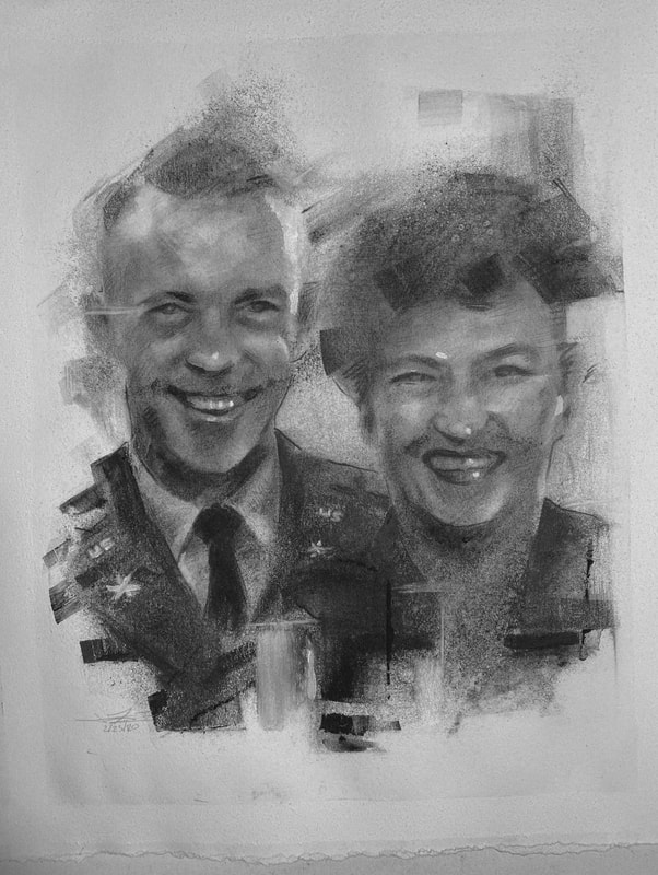 This charcoal portrait is  a memorial gift given to the featured couple's children and grandchildren by James Thomas. 