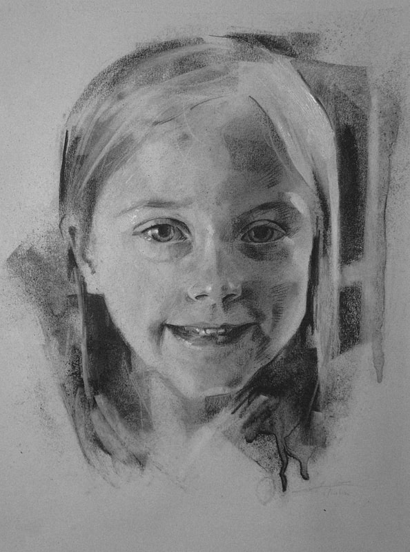 This young girl's charcoal portrait was made by James Thomas as a family gift to be hung in their living room.