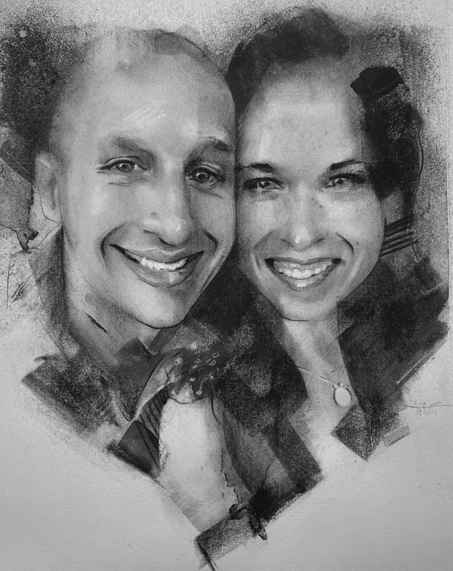 Commissioned charcoal portrait of a couple in black and white by artist James Thomas