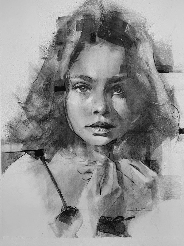 Meggie York, Charcoal portrait in black and white of female model and singer by artist James Thomas