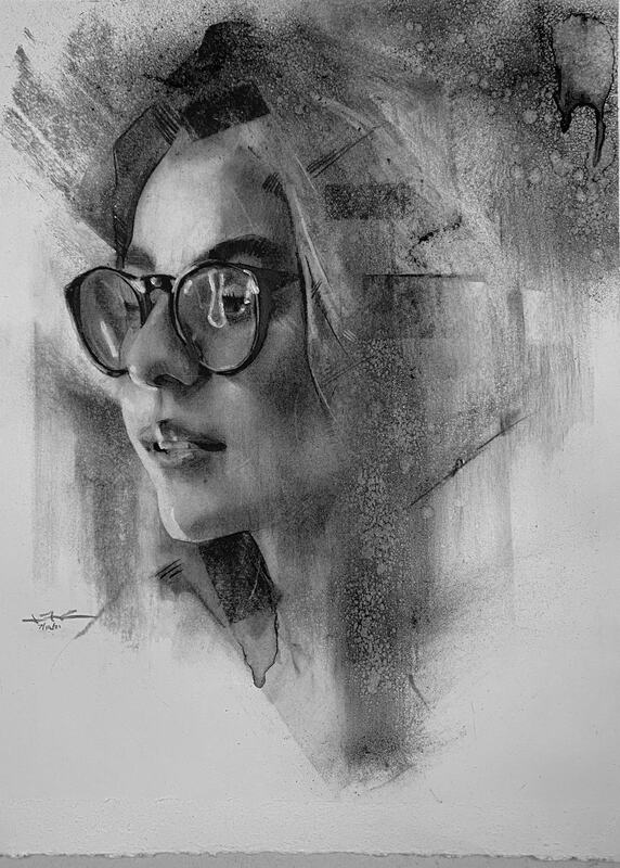 Charcoal portrait in black and white of female model by artist James Thomas